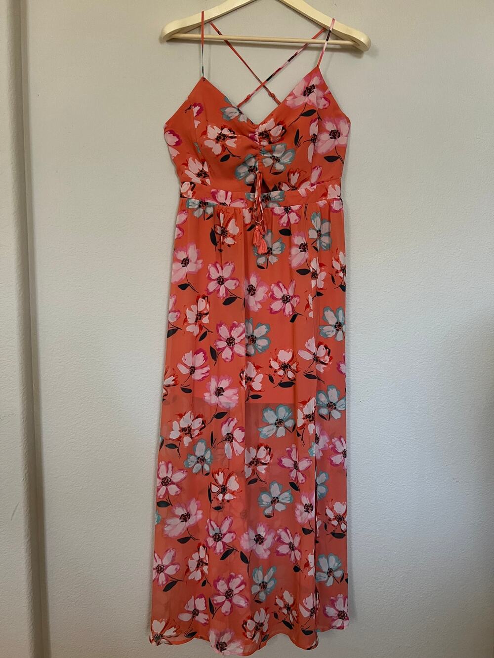 Candie's Dress Large Peach Floral Maxi Long V-Neck Sleeveless Lined Cottage Core